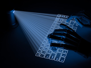 Conceptual virtual keyboard projected onto surface and robot hands