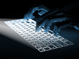 Conceptual virtual keyboard projected onto surface and robot hands