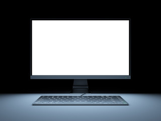 Bright empty computer display and keyboard at night 3d illustration