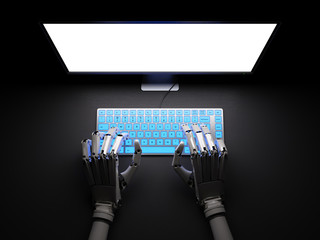 Robot typing on pc in darkness 3d illustration