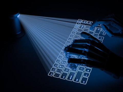 Conceptual virtual keyboard projected onto surface and robot hands