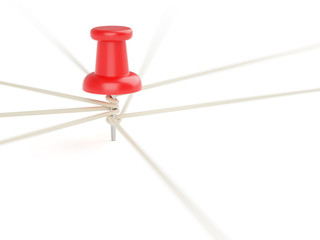 Red pin connected to multiple others through ropes 3d illustration