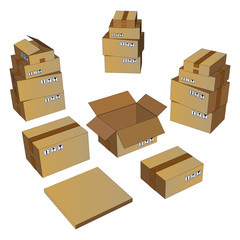 Cardboard boxes isometric set isolated.  Move box business. Vector illustration on a white background.