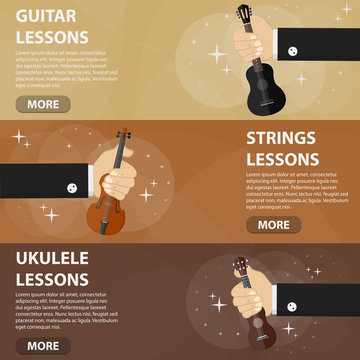 Vector flat horizontal banners of music lessons for website and advertising. Business concept of guitar, strings, ukulele lessons and creative education.