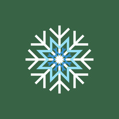 White blue winter snowflake on green background. End of year christmas and sale season.