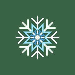 White blue winter snowflake on green background. End of year christmas and sale season.