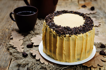 Pumpkin and chocolate layer cake with salted caramel cream chees