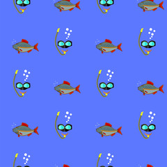 Diving Mask Icon Seamless Pattern on Blue. Extreme Sport Background