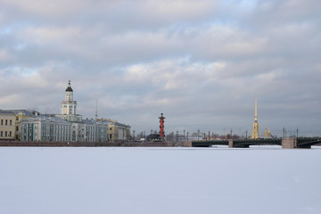 View of the Kunstkamera, Rostral column and Palace bridge