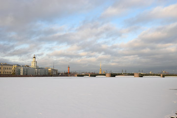 View of the Kunstkamera, Rostral column and Palace bridge