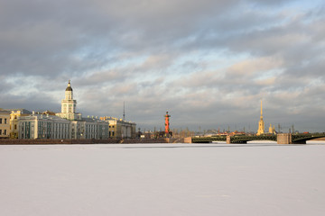 View of the Kunstkamera, Rostral column and Palace bridge
