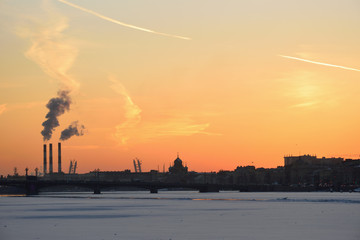 Sunset on the Neva river at the Admiralty embankment