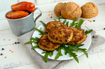 Juicy homemade cutlets (beef, pork, chicken) on a white background. For a hamburger.