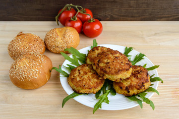 Juicy homemade cutlets (beef, pork, chicken) on a white background. For a hamburger.