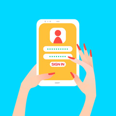 Hand holding smart phone in women's hand with sign in page on screen. Finger touch screen for banner, web site. Colorful Flat style vector illustration