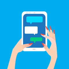 Women's hand holding smart phone with sign with chat bubbles. Finger touch screen for banner, web site. Colorful Flat style vector illustration