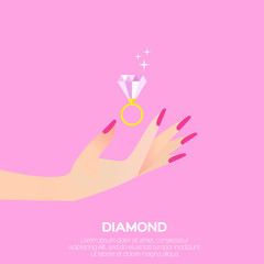 Big shining pink diamond in woman's hand. Wedding ring concept. Marriage proposal. Design vector illustration on blue background.