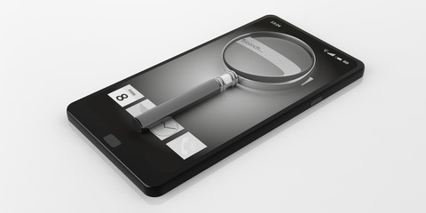 Magnifier glass on a smartphone. 3d illustration