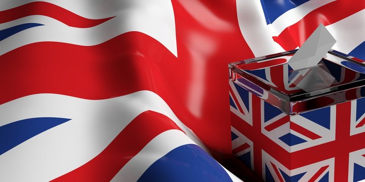 Ballot Box On UK Flag. 3d Illustration