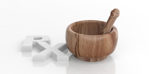 RX concept. Mortar and pestle on white background. 3d illustration