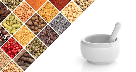 Mortar and pestle and a spices collage