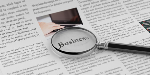 Obraz premium Business focus. Magnifier on a newspaper. 3d illustration