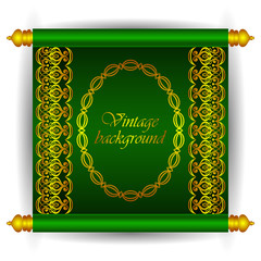 Vector scroll banner in royal luxury Moroccan Arabic style. Golden ribbon floral patterns on a green background as a template for creating backgrounds, invitations, postcards, greetings.