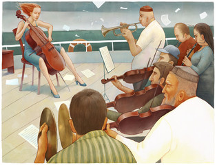An illustration of multi-national orchestra acting on the ship deck - emigrants metaphor © grivina