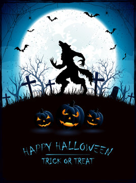 Blue Halloween background with Moon and werewolf