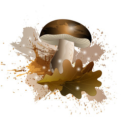 Autumn story with mushroom and oak leaf with watercolor effect. Vector illustration.