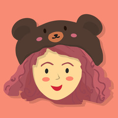 Face of a curly girl with black bear hat in pink background vector illustration.