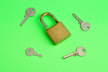 A rusty pad lock with keys displayed on a green background