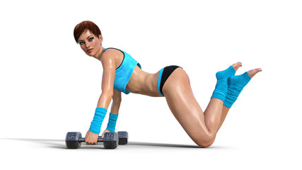 Fototapeta na wymiar Fitness girl exercising with dumbbells, short haired athletic woman posing on white background