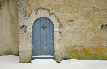 Beginning of winter, end of autumn, leaves under snow, frozen