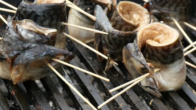 cooking fish rolls on the grill, close up