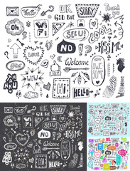 Doodle Speech and thought bubbles set with dialog words, funny cute decorative elements: Welcome, Hello, Love, Wi-Fi internet, Kiss, Thank you,... Hand drawn Vector Patches, stickers illustration.