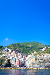 Fototapeta na wymiar Riomaggiore in Cinque Terre, Italy - Summer 2016 - view from the
