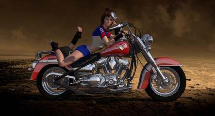 Plakat Sexy Female Sitting On Motorcycle 3D Render