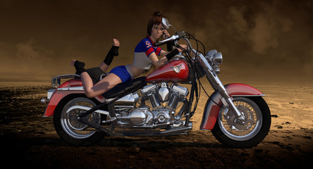 Sexy Female Sitting On Motorcycle 3D Render