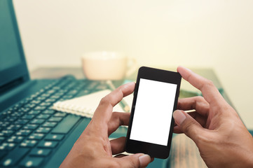 Man hands using smart phone white screen