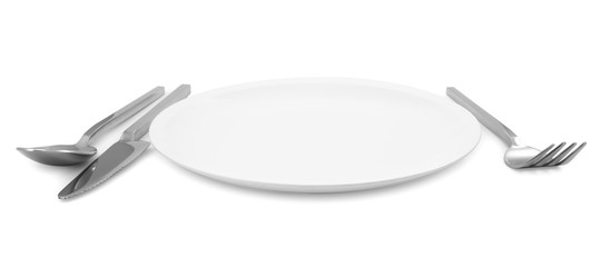 white plate knife and fork cutlery isolated