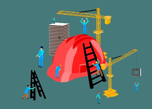 Concept arhitectural illustration. Scene of The process of building a house. Workers, helmet and technic