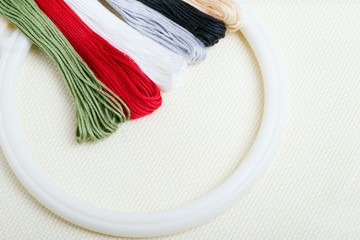 Set for embroidery, embroidery hoop and embroidery thread,top view