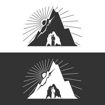 Miner against Mountains on White and Gray Background ,Mining Industry, Logo Design Element, Mine Shaft Concept, Vector Illustration