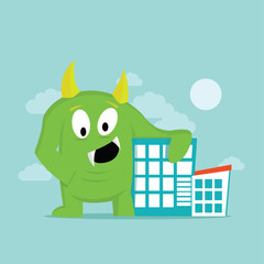 Big Green Monster in a Town. Vector Illustration
