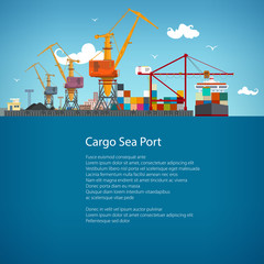 Sea Port, Unloading of Cargo Containers from the Container Carrier, Cranes in Port Load Containers on the Container Ship or Unload, Poster Brochure Flyer Design, Vector Illustration - obrazy, fototapety, plakaty