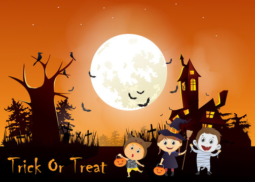 illustration of children trick or treating in Halloween costume