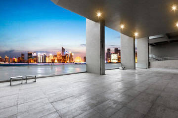 cityscape and skyline of hangzhou from brick floor