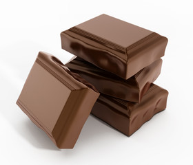 Brown chocolate tablet parts isolated on white background. 3D illustration