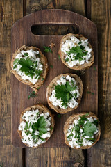 Curd cheese on bread, top view